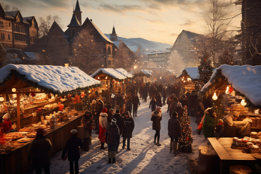 A bustling Christmas market with wooden stalls, twinkling fairy lights, and people sipping hot chocolate in a snow-covered town square.