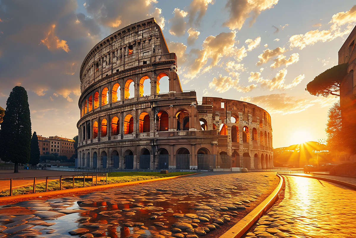 A stunning view of the Colosseum in Rome at sunset, with the iconic amphitheater bathed in warm golden light, surrounded by ancient ruins.